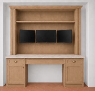 An isometric rendering of a light-colored wooden desk unit featuring an integrated hutch with shelving. The desk has a light-colored, possibly marble or stone, countertop. The base includes two pedestals with paneled cabinet doors and a central drawer. The hutch section above the desk surface features an open back with three wall-mounted monitors and two open shelves on top. Architectural details like fluted side columns and crown molding are present on the hutch. — 3D model
