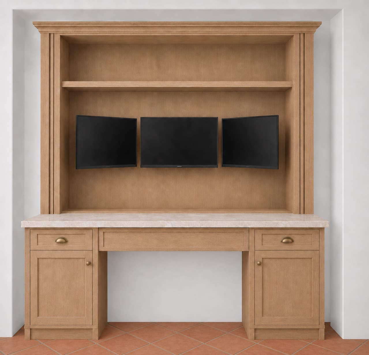 An isometric rendering of a light-colored wooden desk unit featuring an integrated hutch with shelving. The desk has a light-colored, possibly marble or stone, countertop. The base includes two pedestals with paneled cabinet doors and a central drawer. The hutch section above the desk surface features an open back with three wall-mounted monitors and two open shelves on top. Architectural details like fluted side columns and crown molding are present on the hutch. — 3D model