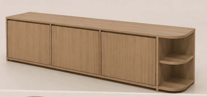 A long, low, light wood cabinet with three closed door compartments and an integrated open shelving unit on the right side. The design is minimalist with rounded edges on the open shelves and the top panel. — 3D model