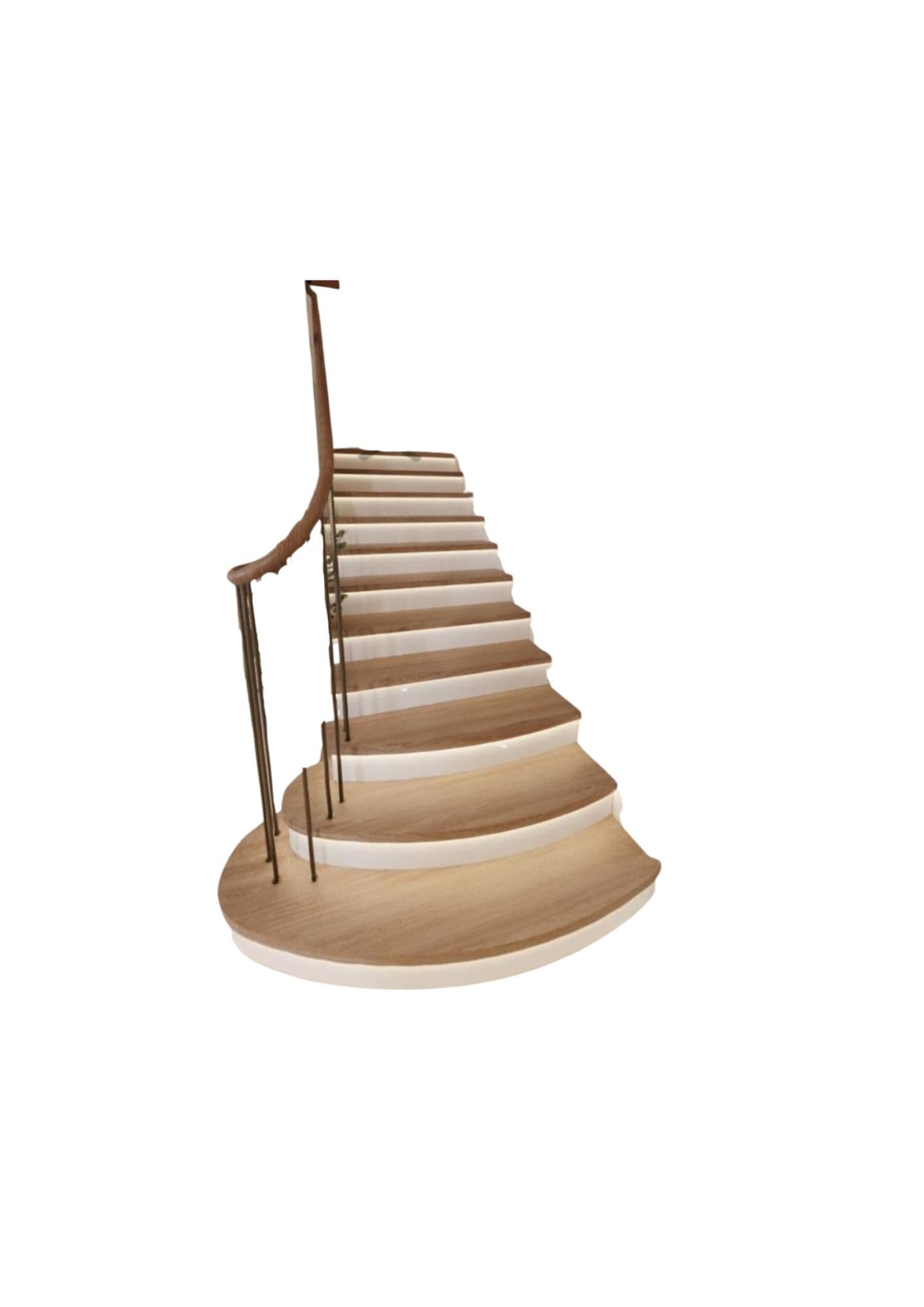 A curved wooden staircase with a light-colored wood finish. The steps are illuminated with LED lights underneath, creating a subtle glow. The staircase features a dark brown, possibly walnut or similar, curved handrail with vertical metal balusters. The overall design is modern and sleek. The base of the staircase is a continuous, curved platform. — 3D model