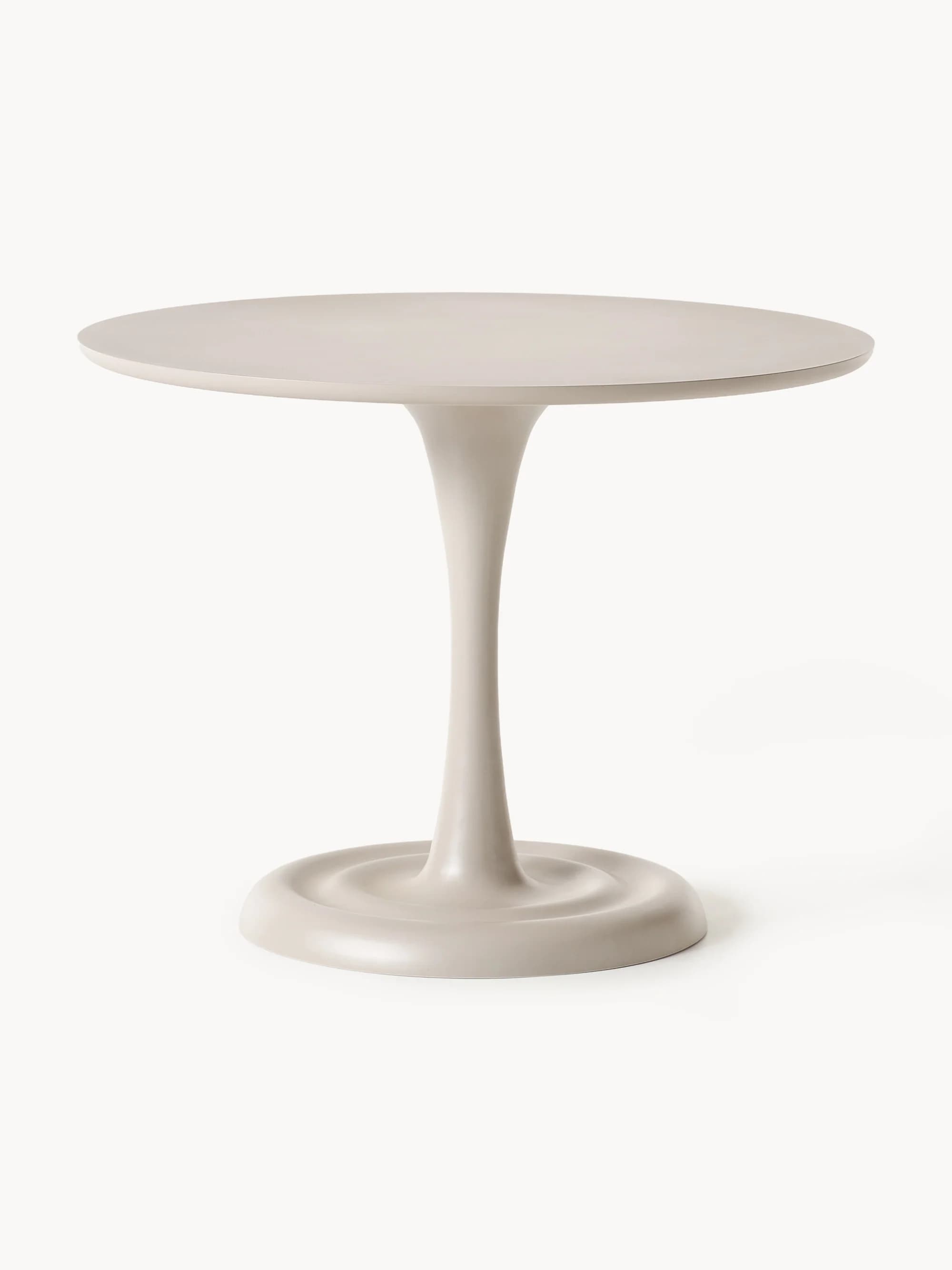 A modern, round side table featuring a single, flared pedestal base. The table has a smooth, matte, light grey finish across its entire surface, including the circular top, the slender, conical support, and the round base. The base has a subtle, concentric ripple or ring detail, adding a touch of texture to the otherwise smooth form. The design is minimalist and sculptural. — 3D model
