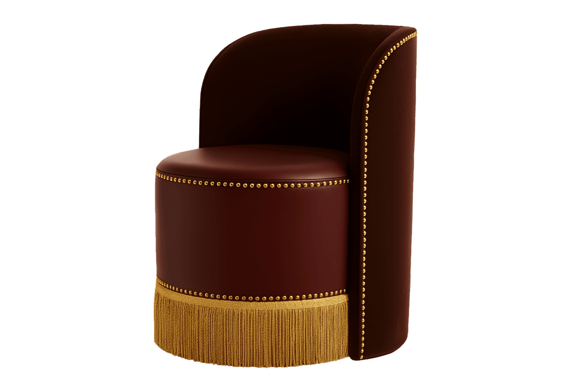 A striking armchair upholstered in a rich, deep burgundy material, possibly leather or a high-quality faux leather. The chair features a curved, C-shaped backrest that extends to form armrests. The seat and the lower cylindrical base are also upholstered in the same burgundy material and are adorned with a double row of small, brass-colored studs along the top edge of the seat and the base. The lower portion of the cylindrical base is further embellished with a generous fringe of metallic gold threads, adding a luxurious and decorative element. The overall design suggests a blend of modern and art deco influences. — 3D model