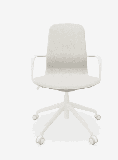 A modern office chair with a cream-colored upholstered seat and back, integrated armrests, and a white five-star base with casters. The design is minimalist and ergonomic. — 3D model