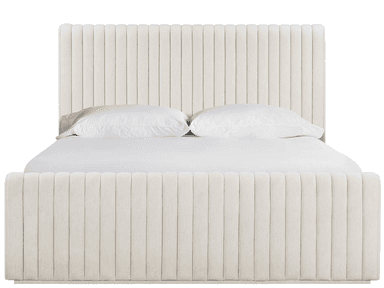 A contemporary upholstered platform bed featuring a tall headboard and a lower footboard, both distinguished by vertical channel tufting. The entire bed frame, including the side rails, is upholstered in a light beige, textured fabric. The design integrates a platform for mattress support, eliminating the need for a box spring. The headboard has subtly rounded upper corners, and the footboard continues the channel-tufted pattern. — 3D model