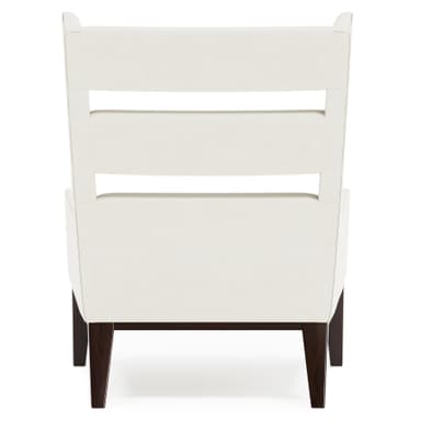 A modern armchair with a high back and a slatted design. The armchair features a cream-colored upholstered seat and back, supported by four dark wooden legs. The backrest has three horizontal slats, creating an open-weave effect. The upholstery appears to be a textured leather or leather-like material. — 3D model