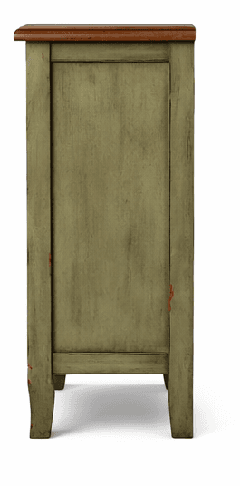 A rustic wine bar cabinet featuring a distressed sage green finish on its wooden frame and a contrasting dark wood top. The upper section contains three functional drawers with simple knob pulls, while the lower half is dedicated to wine storage, equipped with a diamond-patterned lattice designed to hold multiple bottles. The cabinet stands on tapered block feet, and the paint finish exhibits intentional wear for an aged aesthetic. — 3D model