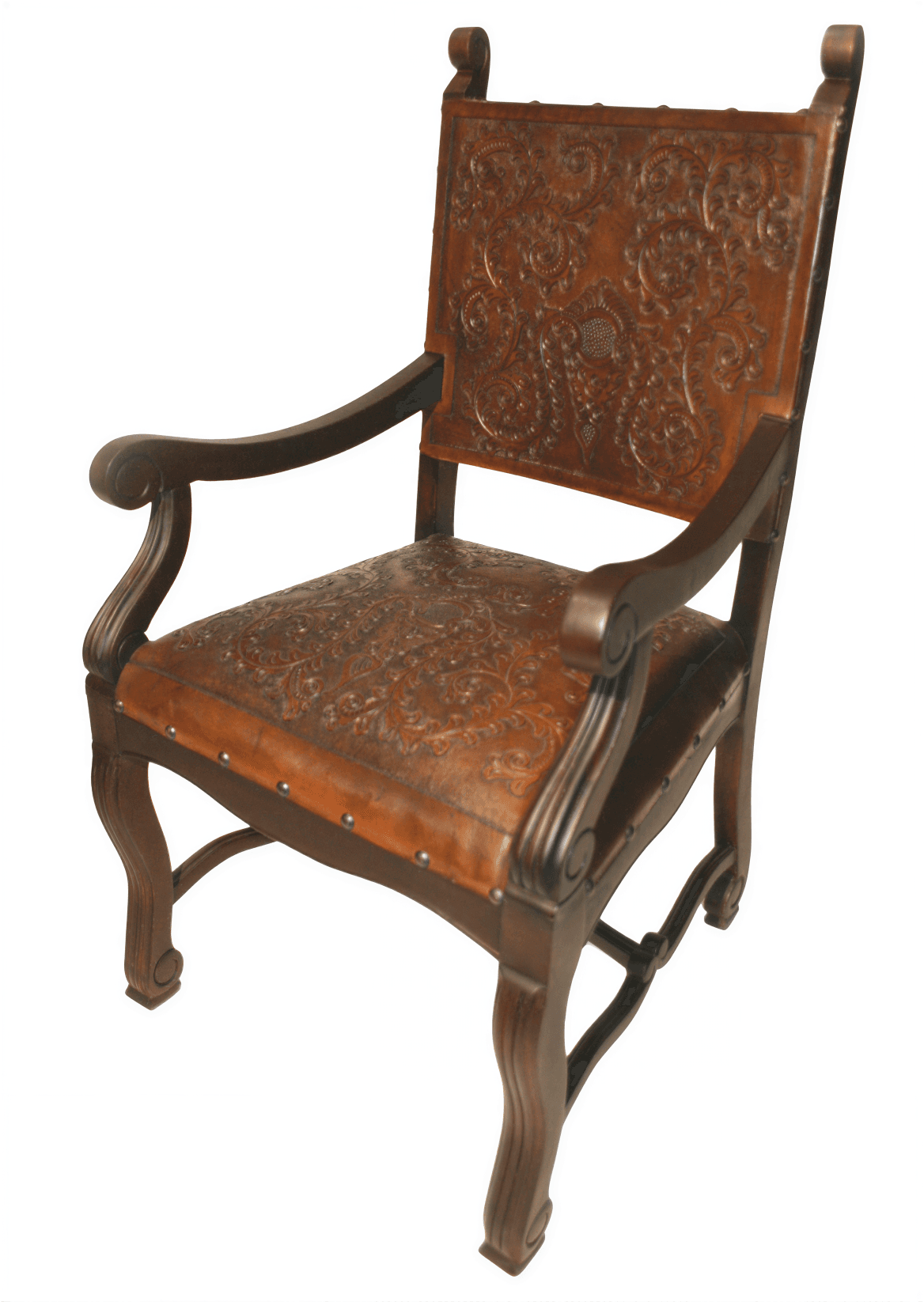 An ornate armchair featuring a dark, carved wooden frame and embossed leather upholstery. The backrest and seat are covered in tan-brown leather with an intricate floral and foliate pattern. The wooden frame includes scrolled armrests, decorative finials on the back posts, and curved legs, all accented with metal nailhead trim. — 3D model