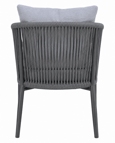 A contemporary outdoor lounge chair featuring a dark grey powder-coated metal frame and a tightly woven synthetic grey rope forming the backrest and armrests. It includes a light grey fabric seat cushion and a matching back cushion for comfort. The chair's design emphasizes durability and modern aesthetics suitable for exterior environments. — 3D model