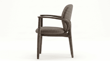 A contemporary dining armchair featuring a curved dark wood frame, a grey herringbone upholstered seat, and a plain grey faux leather upholstered backrest, viewed from a top-down perspective. — 3D model