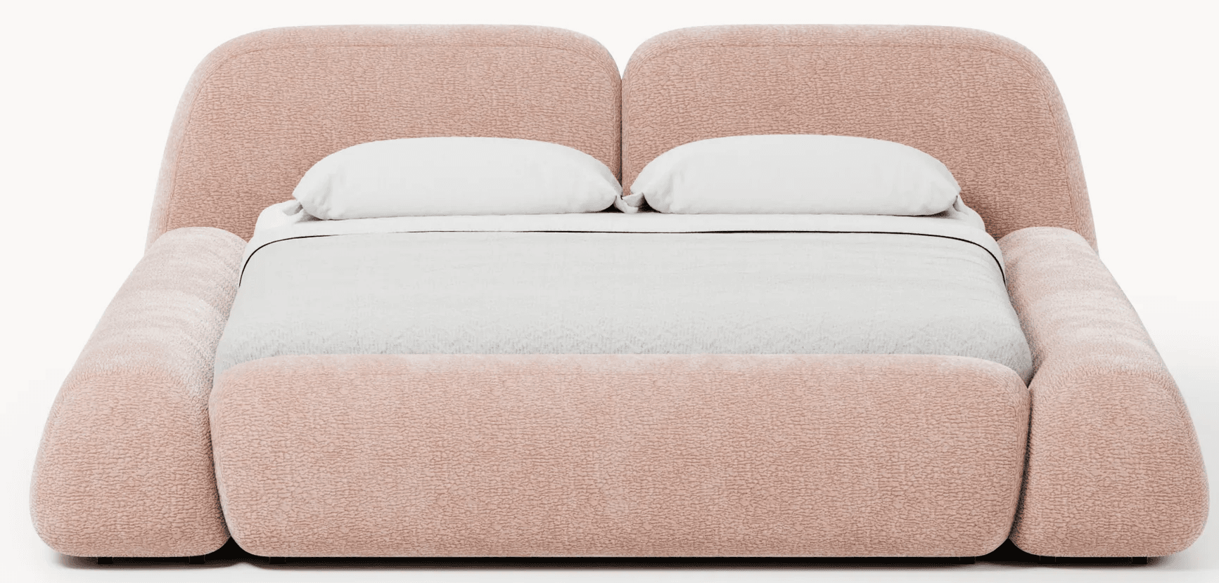 A modern, low-profile bed featuring a completely upholstered frame in a light pink, textured boucle-like fabric. The design emphasizes soft, rounded edges and plush padding, creating a voluminous and inviting appearance. The headboard is composed of two distinct, rounded panels, and the side rails and footboard maintain the same soft, curvilinear form. — 3D model