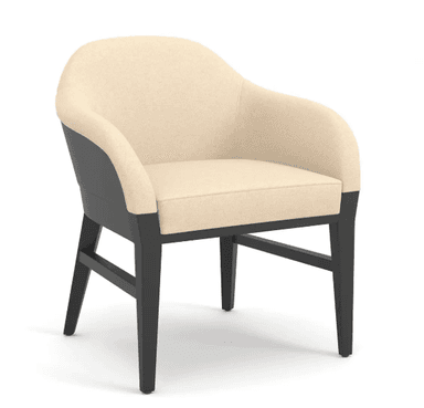 A contemporary armchair featuring a continuous upholstered seat, back, and integrated armrests in a light beige fabric. The upholstery is supported by a sturdy wooden frame finished in a dark, possibly black or espresso, color. The chair has straight front legs and subtly splayed rear legs, with horizontal stretchers connecting the legs for stability. — 3D model