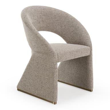 A contemporary, fully upholstered accent chair featuring a distinctive sculptural form. The backrest curves continuously, seamlessly integrating with the solid, geometric base. It is covered in a textured, light beige fabric, and subtle brass accents are visible at the bottom of the base. — 3D model