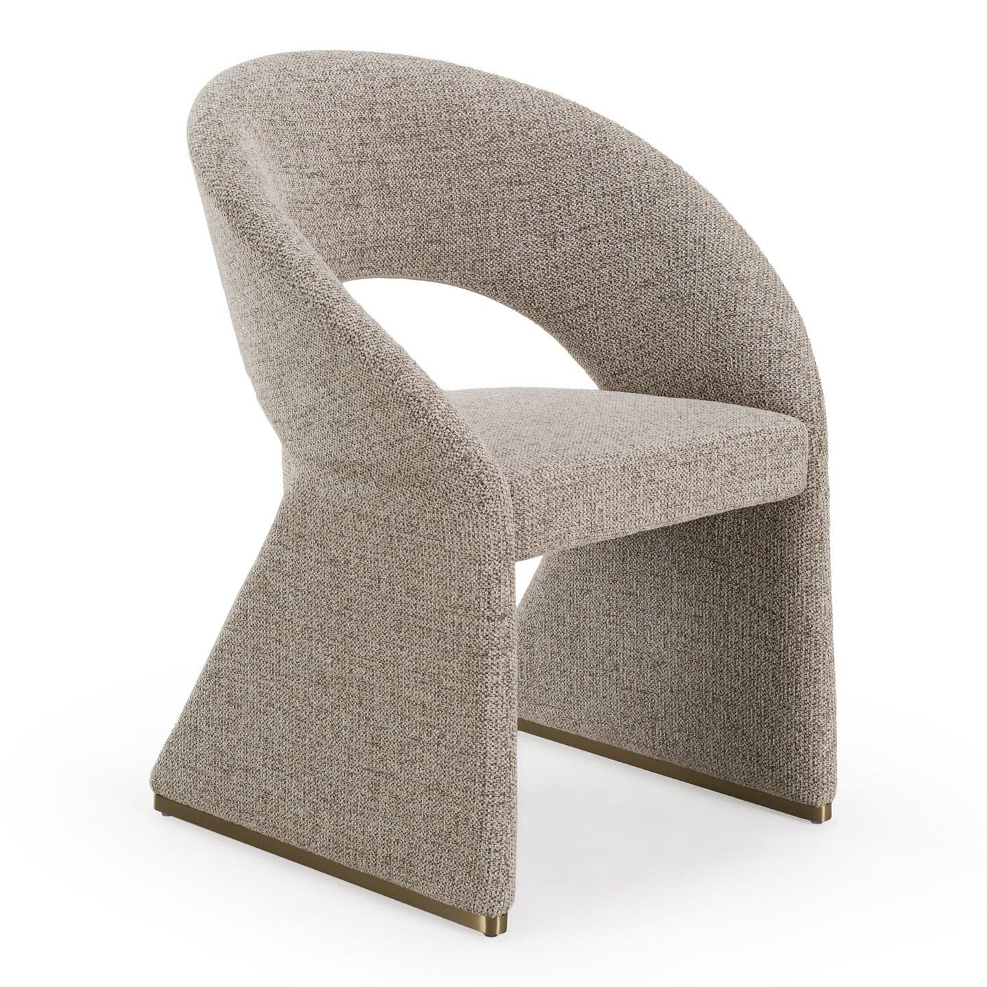 A contemporary, fully upholstered accent chair featuring a distinctive sculptural form. The backrest curves continuously, seamlessly integrating with the solid, geometric base. It is covered in a textured, light beige fabric, and subtle brass accents are visible at the bottom of the base. — 3D model