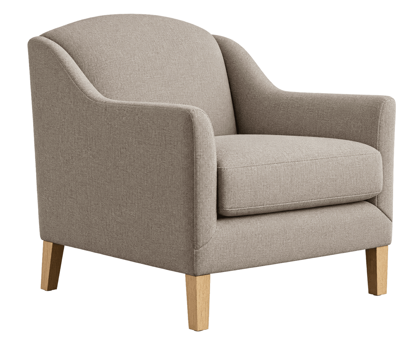 A contemporary upholstered accent armchair featuring a neutral-toned fabric, a rounded backrest, and integrated armrests. The chair is supported by four light-colored, tapered wooden legs. — 3D model
