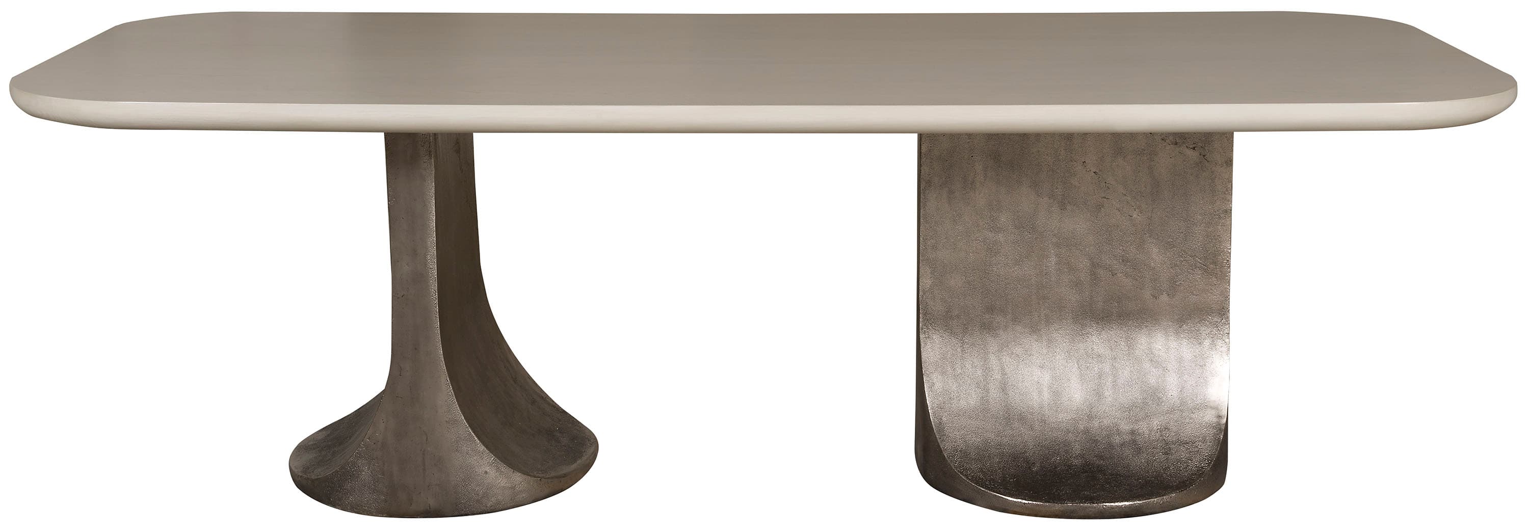 A modern desk featuring a rectangular top with softened, rounded corners, supported by two distinct sculptural metal bases. The tabletop appears to be a light-colored solid surface or wood, while the bases are crafted from dark, textured cast metal, providing a striking contrast. — 3D model