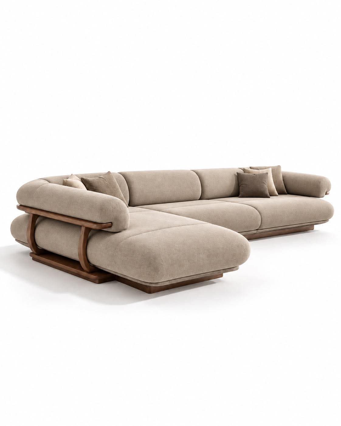An L-shaped modern sectional sofa featuring plush, rounded beige fabric upholstery and distinctive curved wooden armrest supports and base. — 3D model