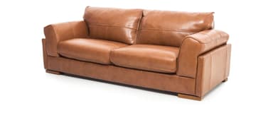 A two-seater sofa upholstered in rich camel-colored leather, featuring plush, relaxed cushions, rolled arms, and subtle wooden block feet. — 3D model