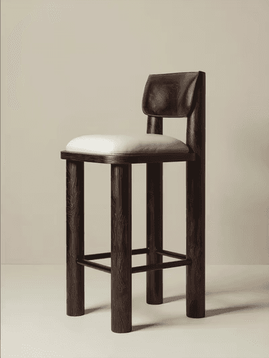 A dark brown wooden bar stool with a light-colored upholstered seat and a matching upholstered backrest. The stool has four thick, cylindrical legs with a visible wood grain texture. There are two horizontal supports connecting the legs for stability. The backrest is a single, slightly curved piece attached to the rear legs. — 3D model