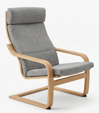 A modern high-back lounge chair featuring a light-toned bentwood frame and grey fabric upholstery. The chair has a comfortable, slightly reclined posture with an integrated headrest. — 3D model