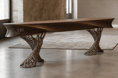 A striking console table featuring a dark wood tabletop with a wavy, perforated apron, supported by two intricate, sculptural bases made from a bronze-toned metal. — 3D model