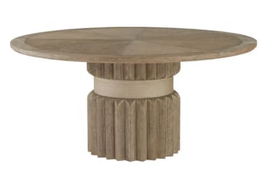A contemporary round dining table crafted from light-toned wood, featuring a substantial fluted pedestal base. The tabletop presents a radial wood grain pattern, while the cylindrical base includes a lower section with pronounced vertical fluting and an upper, slightly narrower band with a subtle woven or textured finish, all in a cohesive natural wood hue. — 3D model