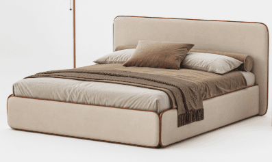 A modern upholstered bed frame with a rectangular headboard and a low-profile base. The frame features a rounded edge profile with a contrasting trim. The bed is dressed with linens, a throw blanket, and pillows. — 3D model
