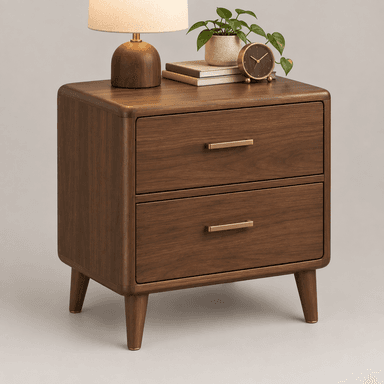 A mid-century modern style nightstand made of dark-stained wood, featuring a rectangular top with subtly rounded corners. It has two full-width drawers, each equipped with a minimalist brass bar pull. The cabinet rests on four tapered, splayed legs that are characteristic of the mid-century aesthetic. — 3D model