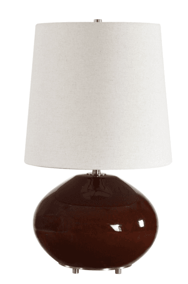A modern table lamp featuring a bulbous, gourd-shaped ceramic base with a high-gloss dark brown glaze. It is topped with a tapered drum shade made of off-white, textured fabric. The lamp includes gold-toned metal accents visible at the base feet, the neck connecting to the shade, and as a finial. — 3D model