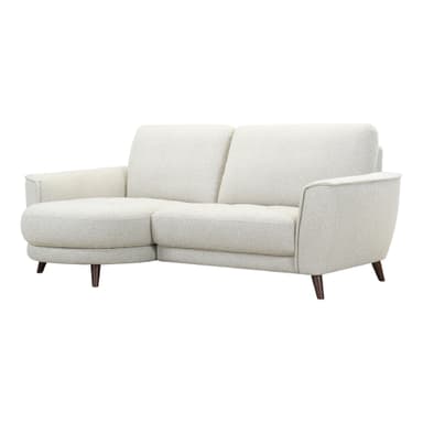 A contemporary sectional sofa featuring an integrated chaise lounge upholstered in a light beige textured fabric, supported by dark tapered wood legs. — 3D model
