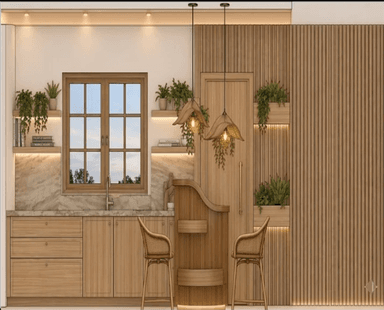 A modern kitchen scene rendered in an isometric perspective. The scene features a modular kitchen unit with wooden cabinets, a marble countertop, a sink, and a window. Adjacent to the kitchen unit is a curved bar with two rattan bar stools. The space is decorated with hanging pendant lights and several potted plants, adding a touch of biophilia. The walls are a mix of wooden paneling and a plain backdrop, with integrated lighting. — 3D model