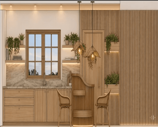 A modern kitchen scene rendered in an isometric perspective. The scene features a modular kitchen unit with wooden cabinets, a marble countertop, a sink, and a window. Adjacent to the kitchen unit is a curved bar with two rattan bar stools. The space is decorated with hanging pendant lights and several potted plants, adding a touch of biophilia. The walls are a mix of wooden paneling and a plain backdrop, with integrated lighting. — 3D model