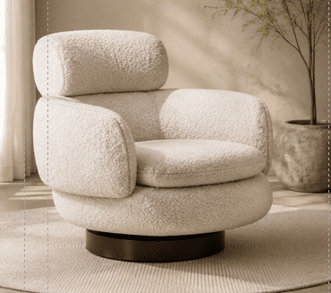 An off-white bouclé swivel lounge chair, featuring a rounded, plush silhouette with a distinct separate headrest or lumbar pillow. The chair sits on a dark, circular wooden or wood-finished swivel base. — 3D model
