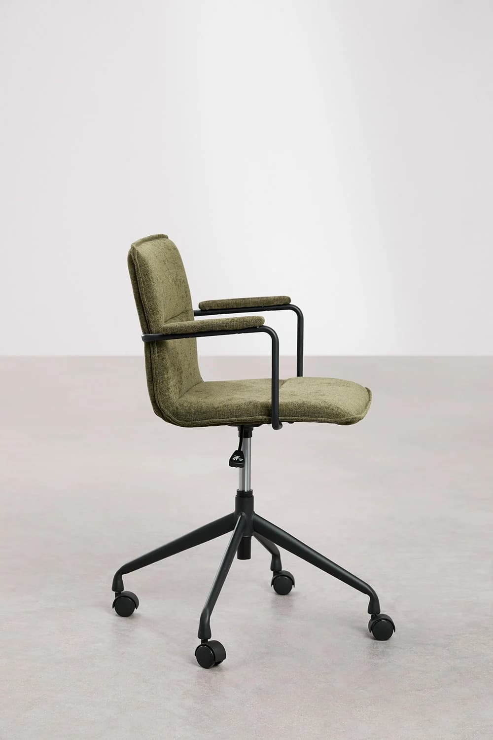 A modern office chair with a fabric-upholstered seat and backrest, supported by a black metal five-star base with casters. The chair features black metal armrests and a central gas lift mechanism for height adjustment. — 3D model
