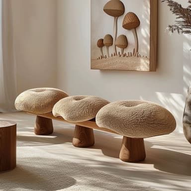 A modern bench featuring three distinct, circular, cushioned seats upholstered in a light-colored, textured boucle fabric. Each seat is supported by a short, solid wood conical pedestal, which are all connected by a continuous horizontal wooden beam. — 3D model