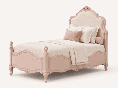A blush pink French Rococo style twin bed featuring an ornate, upholstered headboard, a low footboard, and intricately carved details. — 3D model