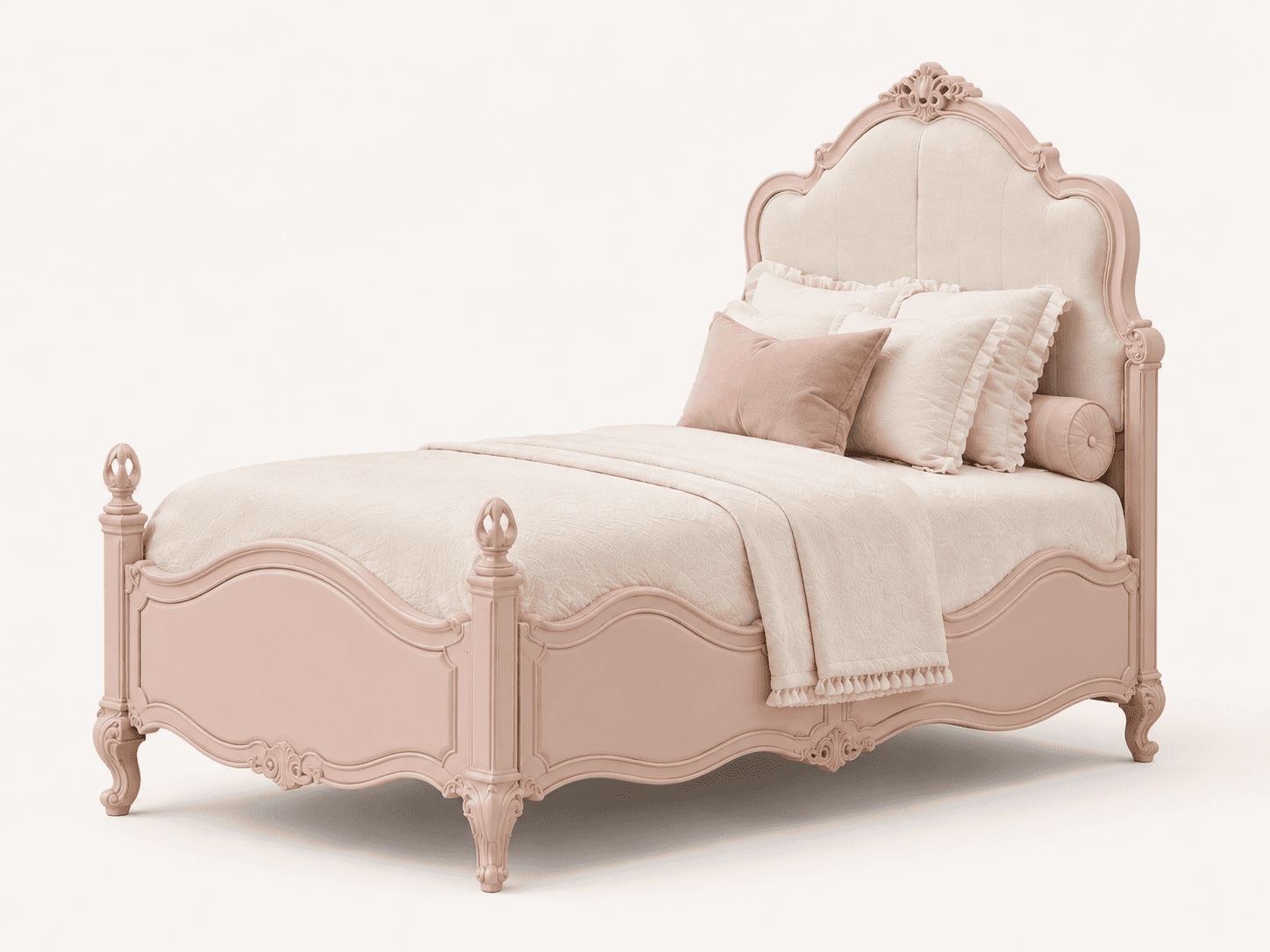 A blush pink French Rococo style twin bed featuring an ornate, upholstered headboard, a low footboard, and intricately carved details. — 3D model