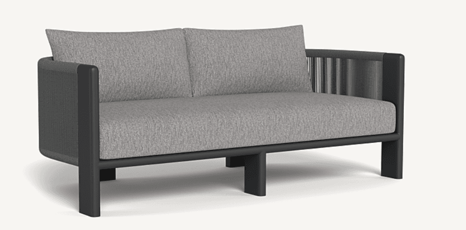 A modern two-seater sofa with a dark grey metal frame and light grey upholstered cushions. The armrests feature a woven texture on the sides and a solid top. The backrest is also upholstered, and the sofa sits on four sturdy, dark grey legs. — 3D model