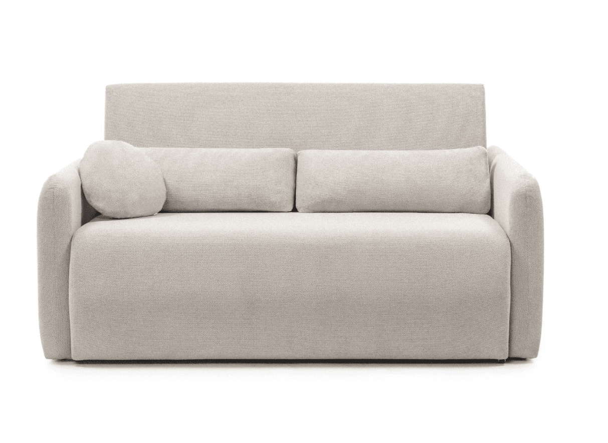 A modern, upholstered sofa with a light beige, textured fabric. It features a simple, boxy silhouette with integrated armrests that curve slightly inward at the top. The backrest is a single, continuous panel, and the seat cushion is also a single piece. Two rectangular throw pillows and one round throw pillow are placed on the seat. — 3D model