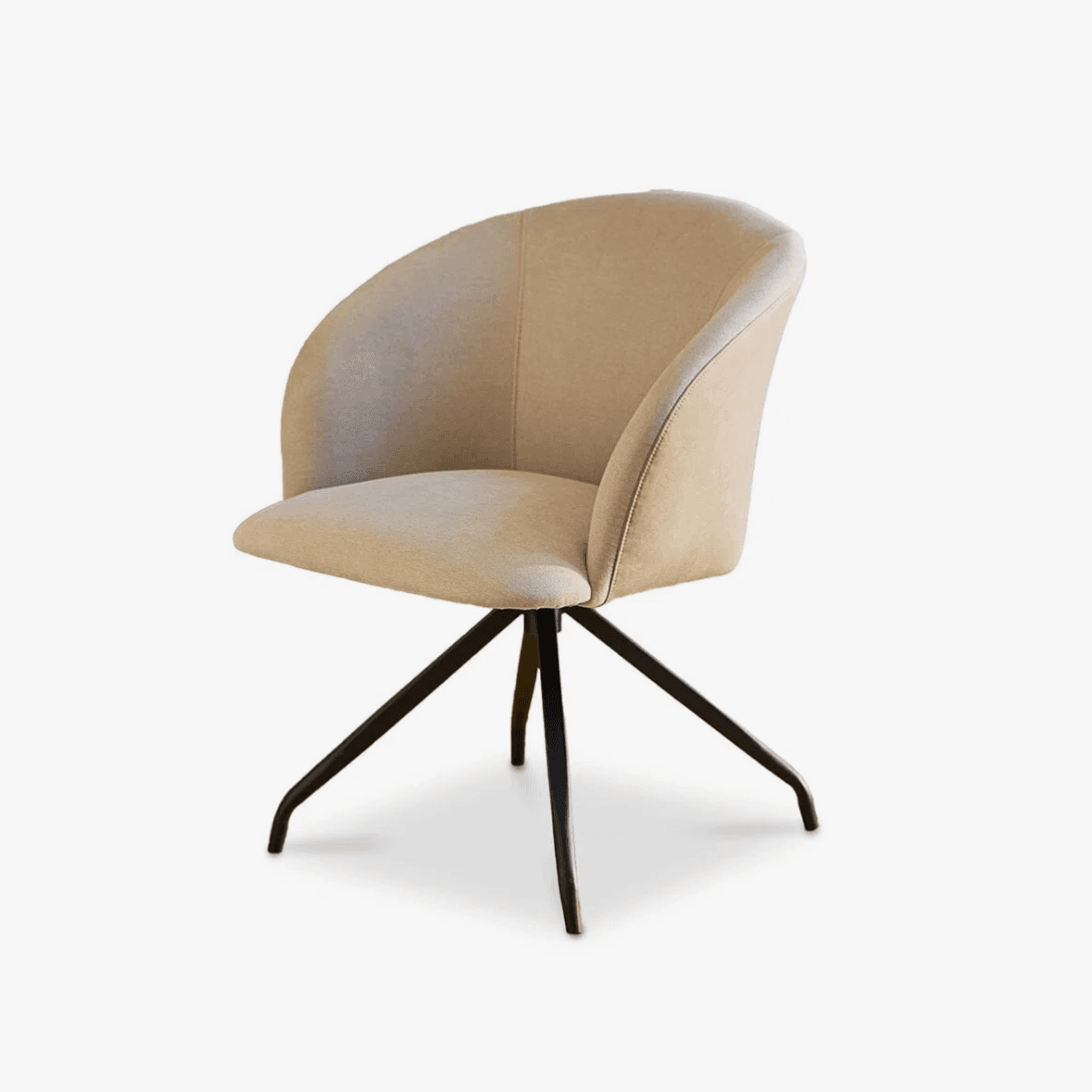 An upholstered armchair with a continuous curved back and integrated armrests, supported by a splayed four-leg swivel base. — 3D model