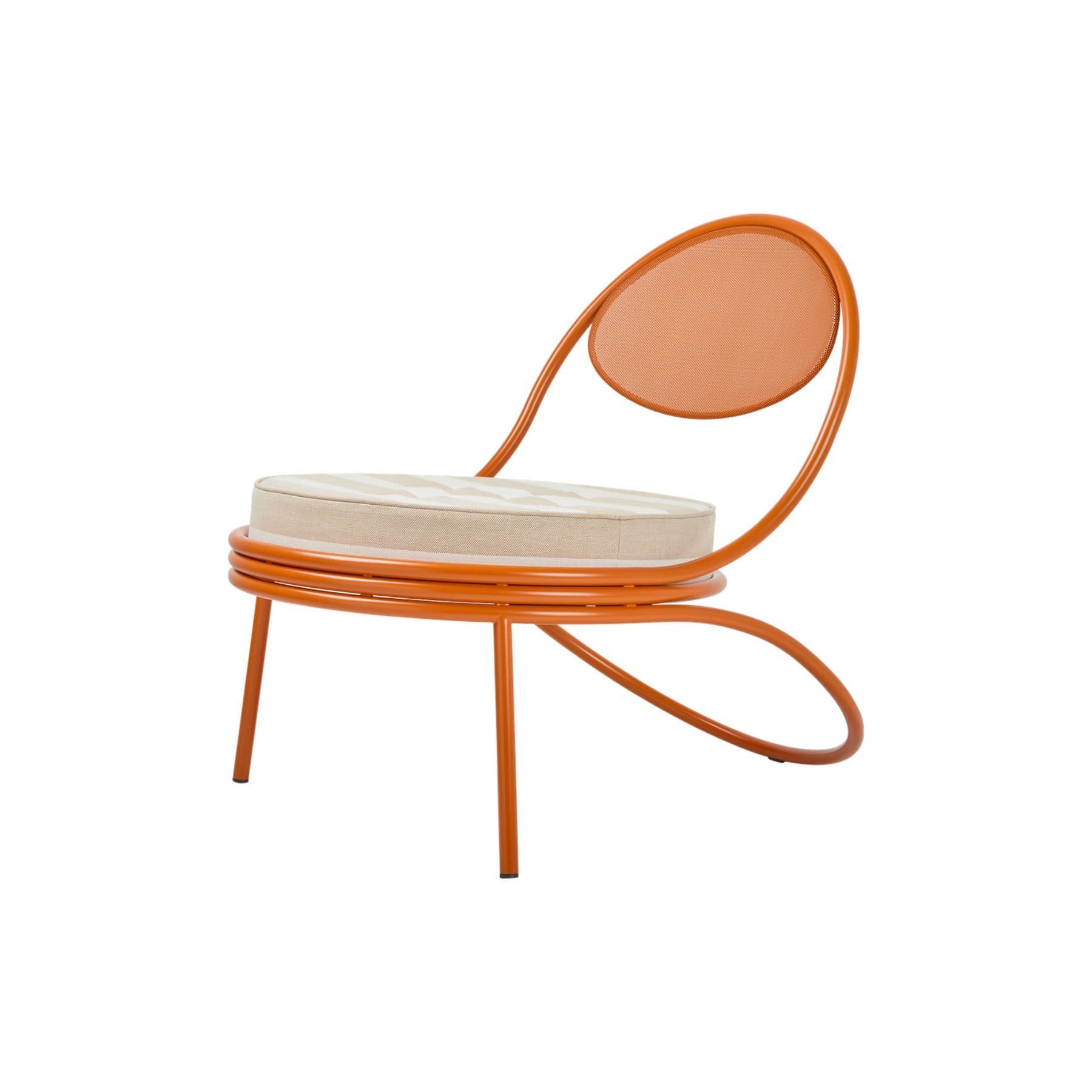 An orange metal accent chair with a rounded backrest and a circular seat cushion. The frame is constructed from tubular metal, with the backrest featuring a mesh-like insert. The seat cushion has a striped fabric pattern in beige and white. — 3D model