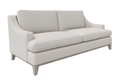 A two-seater sofa with a light-colored upholstered body and a light wood base and legs. The sofa features a low profile with slightly curved arms and two prominent seat cushions and back cushions. The base appears to be a continuous wooden frame connecting the legs. — 3D model