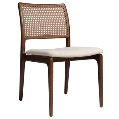 A contemporary dining chair featuring a dark-stained solid wood frame, a woven cane backrest, and a light-colored upholstered seat cushion. The chair exhibits a sleek, armless design with gently curved elements and tapered legs, suggesting a blend of mid-century modern and Scandinavian aesthetic influences. — 3D model