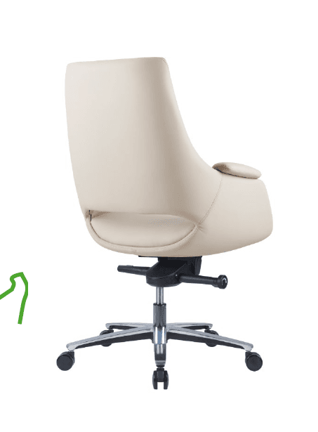 A cream-colored executive office chair featuring a padded, contoured backrest and seat, with integrated padded armrests. It sits on a five-star chrome-plated metal base with black caster wheels, indicating mobility and a swivel function. A lever for height and tilt adjustment is visible beneath the seat. — 3D model