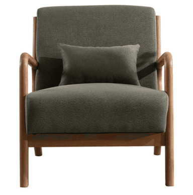 A modern armchair with a wooden frame and upholstered seat and backrest. The frame has a natural wood finish and features curved armrests and angled legs. A small, matching upholstered pillow is placed against the backrest for added comfort. The upholstery appears to be a textured fabric. — 3D model