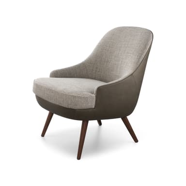 A modern accent chair with a low profile and a curved silhouette. The chair features a two-tone upholstery design, with a textured fabric on the seat and backrest, and a smooth, darker material on the outer shell and armrests. It is supported by four tapered wooden legs that angle outwards. — 3D model