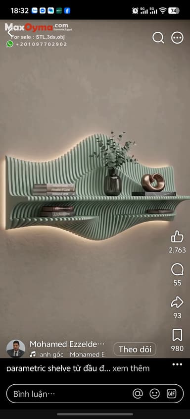 A distinctive wall-mounted shelf featuring a wavy, layered, and slatted design in a soft mint green color. The shelf appears to be composed of multiple horizontal panels that undulate to create two integrated display surfaces. It holds decorative items like books, a vase with greenery, and a sculptural object. — 3D model