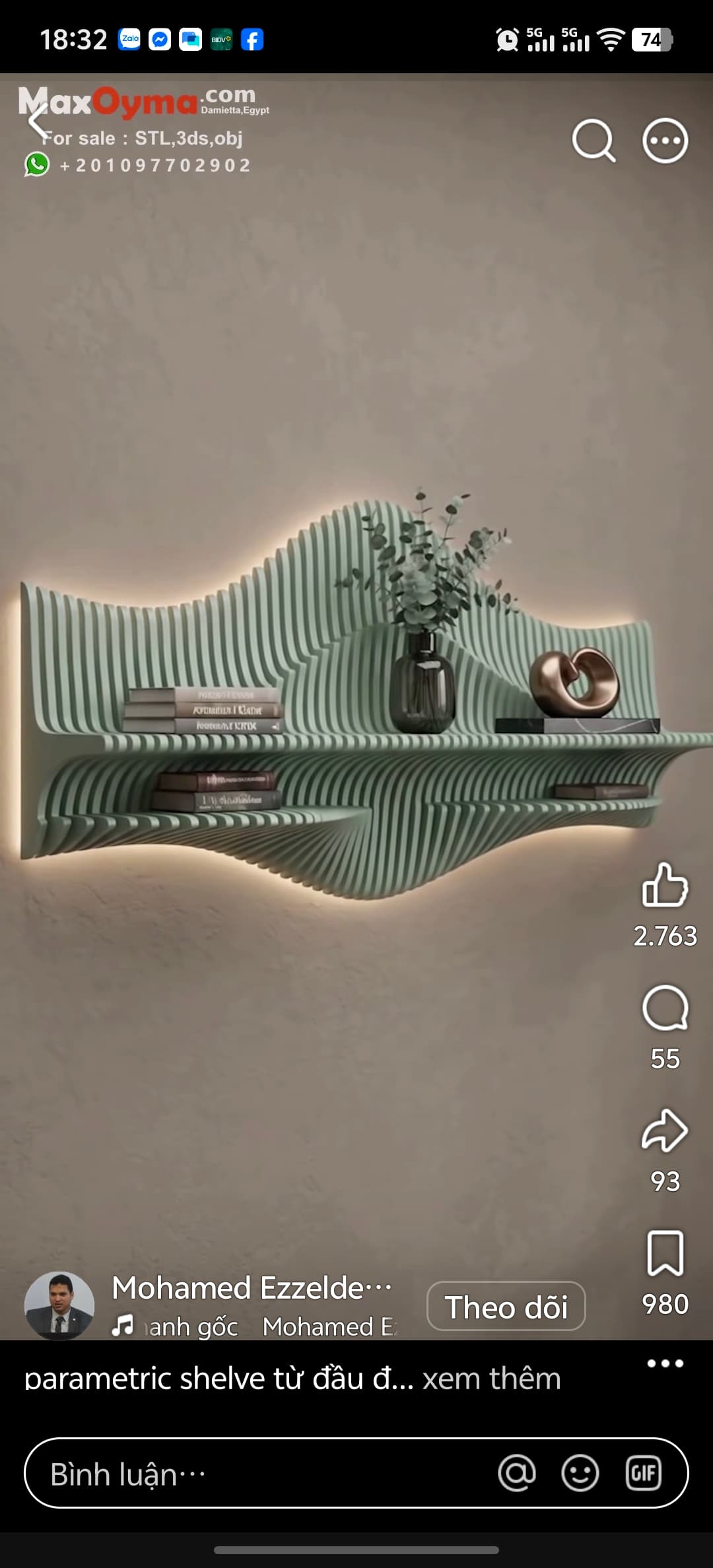A distinctive wall-mounted shelf featuring a wavy, layered, and slatted design in a soft mint green color. The shelf appears to be composed of multiple horizontal panels that undulate to create two integrated display surfaces. It holds decorative items like books, a vase with greenery, and a sculptural object. — 3D model