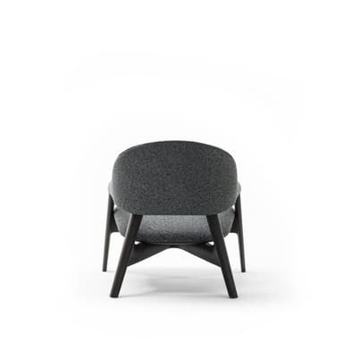 A modern armchair with a curved silhouette. The chair features a dark wooden frame and upholstered seat and back in a speckled grey fabric. The armrests are integrated into the frame, flowing from the backrest to the front. — 3D model