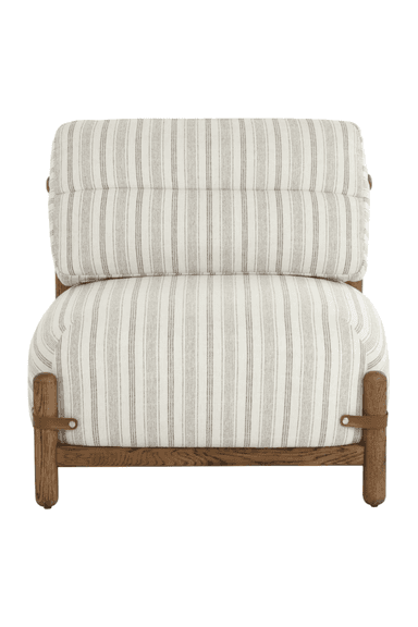 A single armchair with a wooden frame and upholstered seating and backrest. The upholstery features a vertical stripe pattern in white and gray. The frame is constructed from thick, round wooden legs and horizontal supports, with additional leather straps securing the backrest. — 3D model