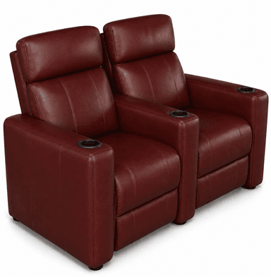 A modern two-seat reclining sofa, upholstered in dark red leather, with built-in cupholders in each armrest. The backrests appear plush and adjustable for individual comfort. — 3D model